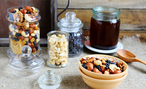 Mixed nuts in glass jars